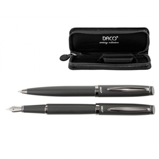 Set de Pix si Stilou DACO cu Penita Iridium Tip F, Pix cu Mina Tip Parker 1 mm, Culoare Corp Gri Inchis Mat, Stilou cu Pix, Stilou DACO, Pix DACO, Pix cu Mina Parker