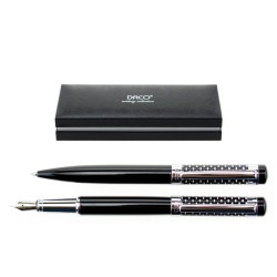 Set de Pix si Stilou DACO cu Penita Iridium Tip F, Pix cu Mina Tip Parker 1 mm, Culoare Corp Negru cu Alb, Stilou cu Pix, Stilou DACO, Pix DACO, Pix cu Mina Parker