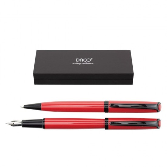 Set de Pix si Stilou DACO cu Penita Iridium Tip F, Pix cu Mina Tip Parker 1 mm, Culoare Corp Rosu si Negru, Stilou cu Pix, Stilou DACO, Pix DACO, Pix cu Mina Parker