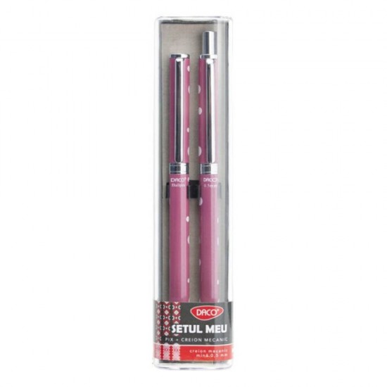 Set Pix + Creion Mecanic Daco, Corp din Metal Roz, Rezerva Creion 0.5 mm, Tip Mecanism Pix Rasucire, Set Pix si Creion Mecanic, Set Instrumente de Scris, Set Pix + Creion Mecanic, Pachet Pix si Creion Mecanic