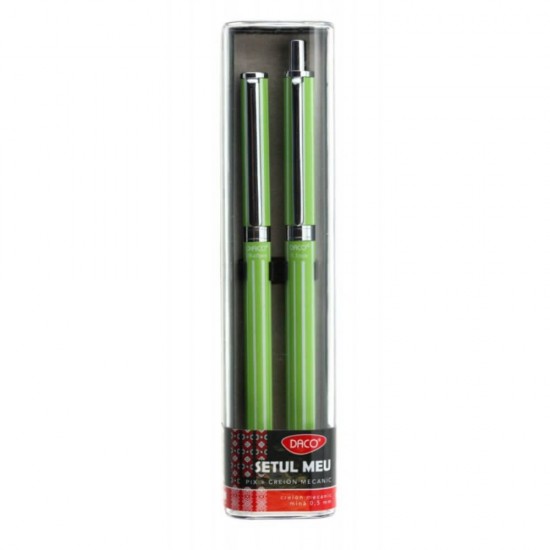 Set Pix + Creion Mecanic Daco, Corp din Metal Verde, Rezerva Creion 0.5 mm, Tip Mecanism Pix Rasucire, Set Pix si Creion Mecanic, Set Instrumente de Scris, Set Pix + Creion Mecanic, Pachet Pix si Creion Mecanic