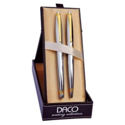 Set de Pix si Stilou DACO, Corp Metalic Argintiu, Detalii Aurii, Penita Iridium Tip M, Mina Pix Tip Cross, Set Pix si Stilou, Pachet Pix si Stilou, Set Instrumente de Scris, Set Instrumente de Scris Premium, Stilou Premium