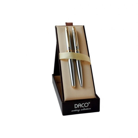 Set de Pix si Stilou DACO, Corp Metalic Argintiu, Penita Iridium Tip M, Mina Pix Tip Parker, Set Pix si Stilou, Pachet Pix si Stilou, Set Instrumente de Scris, Pachet Instrumente de Scris, Pix si Stilou, Instrumente de Scris Premium, Stilou Premium