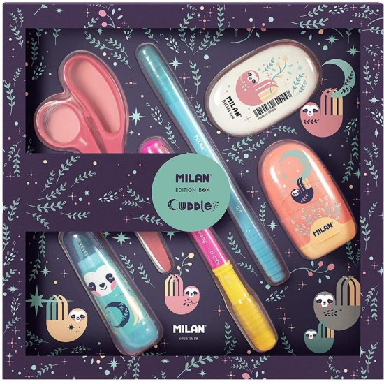 Set Cadou Milan Cuddle: Ascutitoare Capsule, Pix cu Cerneala Albastra, Radiera, Corector Banda, Foarfeca, Pix Combi Duo, 206x208x40 mm, Multicolor, Seturi Cadou, Set Pix Ascutitoare Corector si Radiera, Set Pix si Liner, Seturi Cadou, Seturi Cadou Milan