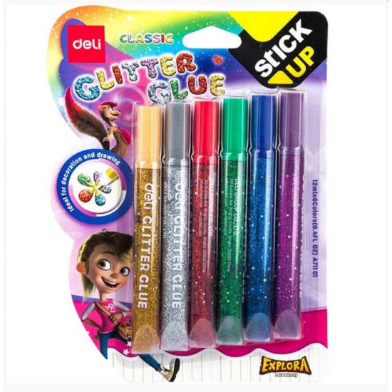 Set 6 Tuburi Lipici Deli Glitter Classic 12 ml, Diverse Culori, Lipici cu Glitter, Lipici cu Uscare Rapida, Lipici pentru Decorat, Lipici Lichid Decorat, Lipici Decorat Deli, Lipici cu Sclipici, Lipici Lichid cu Sclipici, Lipici cu Sclipici pentru Decorat