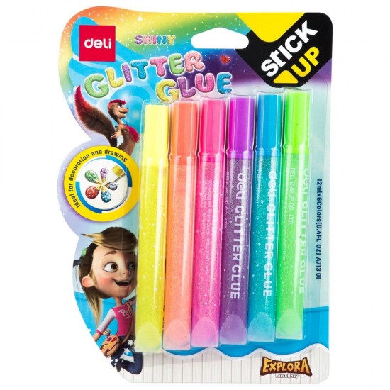 Lipici cu Sclipici, Deli Stick Up Shiny 12 ml, 6 Buc/Set, Diverse Culori, pentru Decorat, Lipici cu Uscare Rapida, Lipici pentru Decorat, Lipici Lichid Decorat, Lipici Decorat Deli, Lipici cu Sclipici