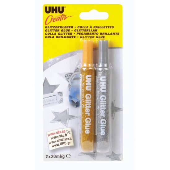 Set 2 Lipiciuri Glitter Uhu Creativ, 20 ml, Argintiu/Auriu, Lipiciuri cu Glitter, Lipici cu Sclipici, Lipici Uhu, Lipiciuri Glitter, Lipici Glitter Uhu, Sclipici pentru Hartie, Adeziv Sclipici
