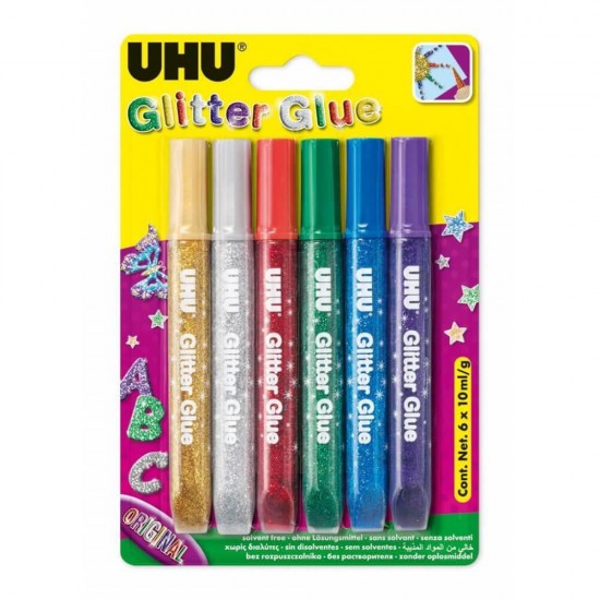 Set 6 Lipiciuri Glitter Uhu, 10 ml, Multicolor, Lipiciuri cu Glitter, Lipici cu Sclipici, Lipici Uhu, Lipiciuri Glitter, Lipici Glitter Uhu, Sclipici pentru Hartie, Adeziv Sclipici