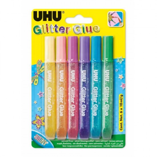 Set 6 Lipiciuri Glitter Uhu Shiny, 10 ml, Multicolor, Lipiciuri cu Glitter, Lipici cu Sclipici, Lipici Uhu, Lipiciuri Glitter, Lipici Glitter Uhu, Sclipici pentru Hartie, Adeziv Sclipici