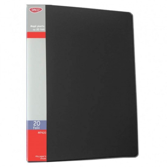 Mapa Plastic A4 cu 20 Folii DACO, Culoare Neagra, Mapa cu Folii, Mape din Plastic cu Folii, Mapa pentru Documente, Mapa Documente Plastic, Mape Arhivare, Dosare Documente, Dosar Arhivare, Dosare Plastic