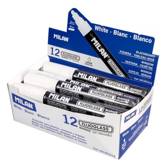 Set 12 Markere Sticla Milan Fluoglass, Varf de 2-4 mm, Albe, Marker Alb, Markere, Markere Albe, Markere pentru Sticla, Marker Milan, Marker pentru Scoala, Markere Scoala