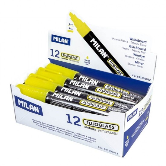 Set 12 Markere Sticla Milan Fluoglass, Varf de 2-4 mm, Galbene, Marker Galben, Markere, Markere Galbene, Markere pentru Sticla, Marker Milan, Marker pentru Scoala, Markere Scoala