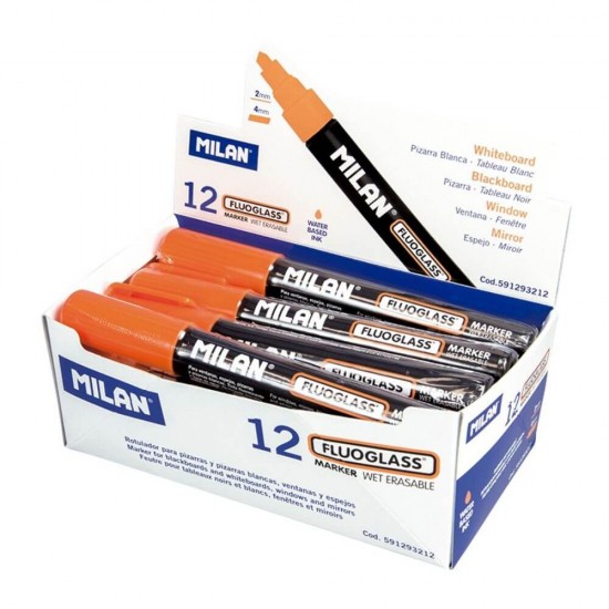 Set 12 Markere Sticla Milan Fluoglass, Varf de 2-4 mm, Portocalii, Marker Portocaliu, Markere, Markere Portocalii, Markere pentru Sticla, Marker Milan, Marker pentru Scoala, Markere Scoala
