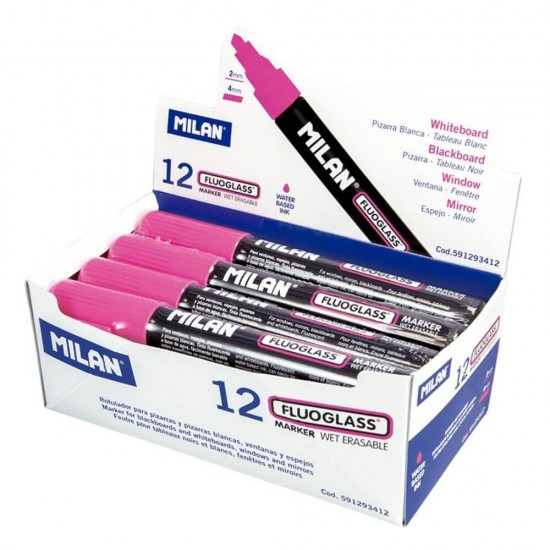 Set 12 Markere Sticla Milan Fluoglass, Varf de 2-4 mm, Roz, Marker Roz, Markere, Markere Roz, Markere pentru Sticla, Marker Milan, Marker pentru Scoala, Markere Scoala