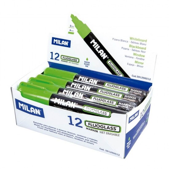 Set 12 Markere Sticla Milan Fluoglass, Varf de 2-4 mm, Verzi, Marker Verde, Markere, Markere Verzi, Markere pentru Sticla, Marker Milan, Marker pentru Scoala, Markere Scoala