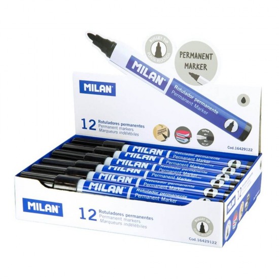 Set 12 Markere Permanente MILAN, Negre, Varf 4 mm, Marker, Marker Negru, Markere Negre, Marker cu Cerneala Neagra, Marker Permanent, Markere Permanente, Marker Permanent Negru, Set Markere cu Cerneala Neagra, Set Markere Negre
