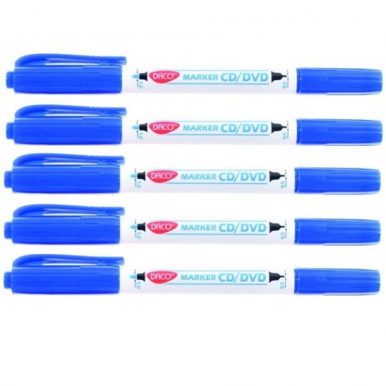 Set 5 Markere CD DACO, Doua Capete de Scriere, Varf 0.5-1 mm, Albastre, Marker CD, Marker DVD, Marker Permanent CD, Markere, Marker Albastru, Markere Albastre, Marker cu Vopsea Albastra, Marker pentru Scoala, Markere Scoala