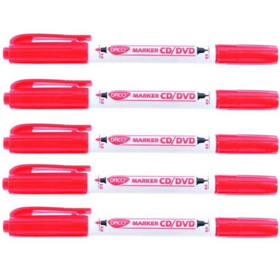 Set 5 Markere CD DACO, Doua Capete de Scriere, Varf 0.5-1 mm, Rosii, Marker CD, Marker DVD, Marker Permanent CD, Markere, Marker Rosu, Markere Rosii, Marker cu Vopsea Rosie, Marker pentru Scoala, Markere Scoala