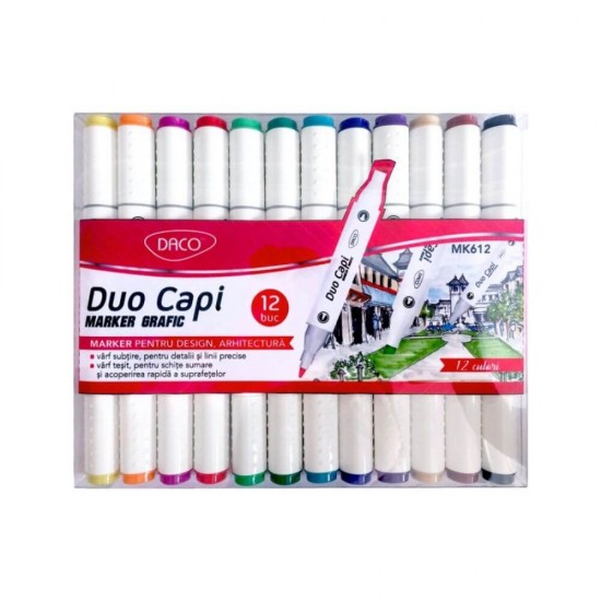 Set 12 Markere Grafice DACO Duo Capi, Doua Capete, Marker Evidentiator, Markere, Marker Doua Capete, Markere, Marker Grafic, Marker pentru Scoala, Markere Scoala, Textmarker, Marker Highlighter