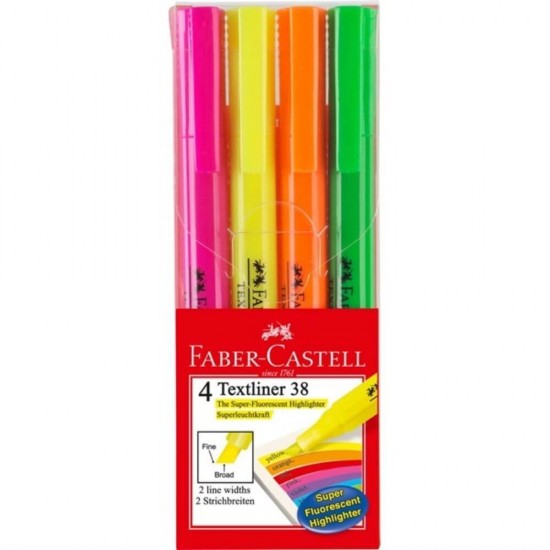 Set 4 Textmarkere Fluorescente Faber-Castell 38, Varf Tesit 2 mm, Marker Highlighter, Set Evidentiatoare, Set Markere, Markere Scoala, Textmarkere, Marker Scoala, Faber-Castell Textmarkere, Textmarker Varf Tesit, Markere de Subliniat