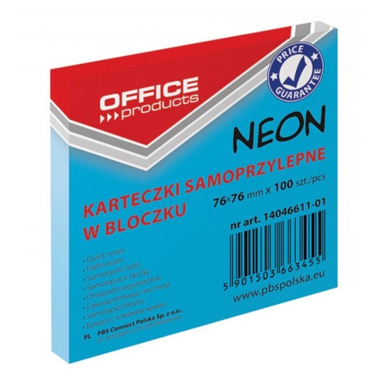 Notite Adezive OFFICE Products, 76x76 mm, 100 File, 70 g/m², Culoare Albastru Neon, Notes-uri, Post-it-uri, Articole Hartie, Accesorii Birou