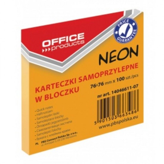 Notite Adezive OFFICE Products, 76x76 mm, 100 File, 70 g/m², Culoare Portocaliu Neon, Notes-uri, Post-it, Articole Hartie, Accesorii Birou