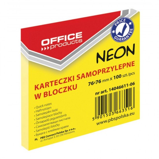 Notite Adezive OFFICE Products, 76x76 mm, 100 File, 70 g/m², Culoare Galben Neon, Notes-uri, Post-it, Articole Hartie, Accesorii Birou