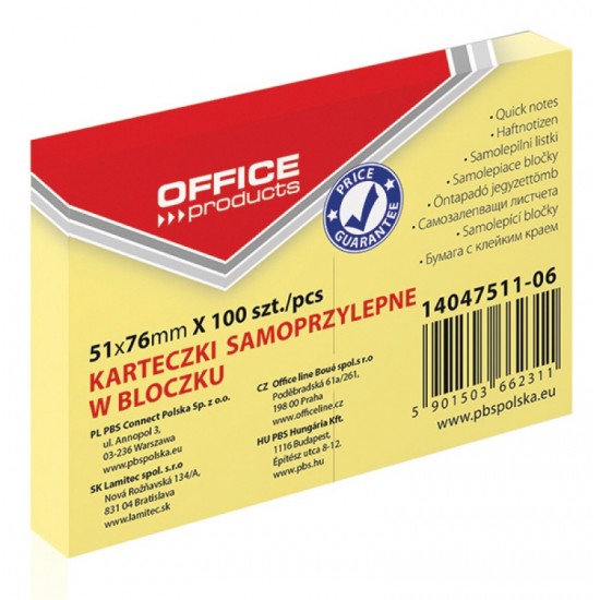 Notite Adezive OFFICE Products, 51x76 mm, 100 File/Set, 70 g/m², Culoare Galben Pal, Post-it, Sticky Notes, Bloc de Hartie, Memo Adeziv, Articole Hartie, Accesorii Birou