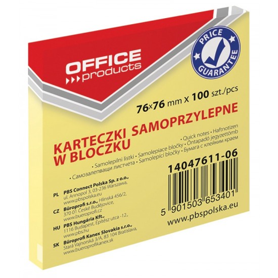 Notite Adezive OFFICE Products, 76x76 mm, 100 File, 70 g/m², Culoare Galben Pal, Post-it, Sticky Notes, Bloc de Hartie, Memo Adeziv, Articole Hartie, Accesorii Birou