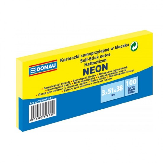 Notite Adezive DONAU, 38x51 mm, 3x100 File, 70 g/m², Culoare Galben Neon, Notes-uri, Post-it,  Articole Hartie, Accesorii Birou