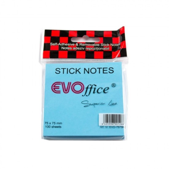 Notite Adezive EVOffice, Dimensiunea 75x75 mm, Culoare Albastru Neon, 100 File, Ideale pentru Mesaje si Memento-uri 