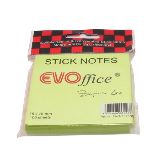 Notite Adezive EVOffice, Dimensiunea 75x75 mm, Culoare Verde Neon, 100 File, Ideale pentru Mesaje si Memento-uri 