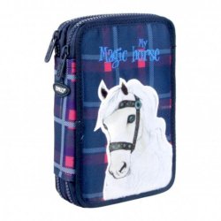 Penar Daco, Model My Magic Horse, Neechipat cu 2 Fermoare, Poliester, Albastru/Alb, Penar din Poliester, Penar Scolar, Penar pentru Scoala, Penare Scolare, Penar pentru Copii, Penar cu Fermoar, Penar Compartimentat, Penare Neechipate