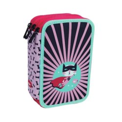 Penar Milan, Echipat, 3 Fermoare, Model Super Hero, Roz/Negru, Poliester, Penar Echipat, Penar cu Fermoare, Penare Echipate, Penar Echipat Milan, Penar din Poliester, Penar Poliester, Penar Roz/Negru, Penare Scolare, Penare pentru Scoala