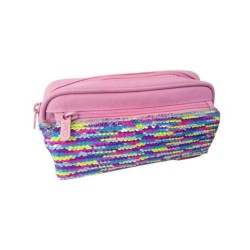 Penar Tip Borseta DACO cu Paiete, 22x11x8.5 cm, Fucsia, Poliester, Trei Fermoare, Penar Scolar, Penar Colorat, Penar cu Fermoar, Penar pentru Scoala, Penar Borseta, Penar Daco, Penar Neechipat, Penar cu Trei Fermoare, Penar Borseta