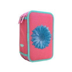 Penar Echipat DACO, Model Floral, 20x5.5x13 cm, Poliester, Roz, Trei Fermoare cu Trei Compartimente, Penar Fermoar, Penare cu Fermoar, Penare Echipate, Penare de Scoala, Penare Scolare, Penar Scolar, Rechizite Scolare