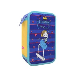 Penar Echipat DACO, Model Princess, 20x5.5x13 cm, Poliester, Albastru, Trei Fermoare cu Trei Compartimente, Penar Fermoar, Penare cu Fermoar, Penare Echipate, Penare de Scoala, Penare Scolare, Penar Scolar, Rechizite Scolare