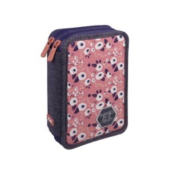 Penar Echipat MILAN, Model Floral, 19.5x12.5x5 cm, Poliester, Roz/Gri, Doua Fermoare cu Doua Compartimente, Penar Fermoar, Penare cu Fermoar, Penare Echipate, Penare de Scoala, Penare Scolare, Penar Scolar, Rechizite Scolare