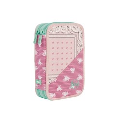 Penar Echipat MILAN, 19.5x12.5x5 cm, Poliester, Roz/Verde, Doua Fermoare cu Doua Compartimente, Penar Fermoar, Penare cu Fermoar, Penare Echipate, Penare de Scoala, Penare Scolare, Penar Scolar, Rechizite Scolare