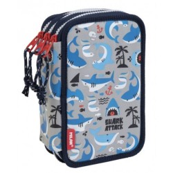 Penar Echipat MILAN, Model Shark Attack, 19x11.5x7 cm, Poliester, Gri/Albastru, Trei Fermoare cu Trei Compartimente, Penar Fermoar, Penare cu Fermoar, Penare Echipate, Penare de Scoala, Penare Scolare, Penar Scolar, Rechizite Scolare