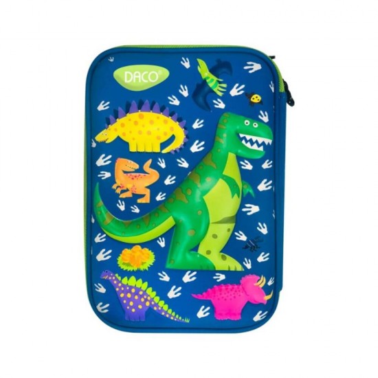 Penar Neechipat DACO, 22x15.5x7.5 cm, Model Dinozaur, PVC, Albastru, Doua Fermoare cu Doua Compartimente, Penar Fermoar, Penare Neechipate, Penare de Scoala, Penare Scolare, Penar Scolar, Rechizite Scolare, Penar 3D, Penare 3D