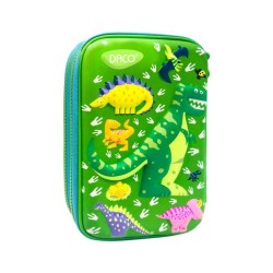 Penar Neechipat DACO, 22x15.5x7.5 cm, Model Dinozaur, PVC, Verde, Doua Fermoare cu Doua Compartimente, Penare cu Fermoar, Penare Neechipate, Penare de Scoala, Penare Scolare, Penar Scolar, Rechizite Scolare, Penar 3D, Penare 3D