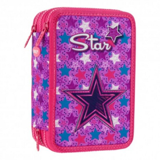 Penar Neechipat DACO, Model Star, 20x7x13 cm, Poliester, Mov/Roz, Trei Fermoare cu Trei Compartimente, Penar Fermoar, Penare cu Fermoar, Penare Neechipate, Penare de Scoala, Penare Scolare, Penar Scolar, Rechizite Scolare