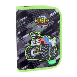 Penar Neechipat DACO, 19.5x13x4 cm, Model Masina Monstru, Material Poliester, Culoare Gri/Verde, Penar cu Deschidere Verticala, Penar pentru Baieti, Penare cu Fermoar, Penare Neechipate, Penare de Scoala, Penare Scolare, Penar Scolar, Rechizite Scolare