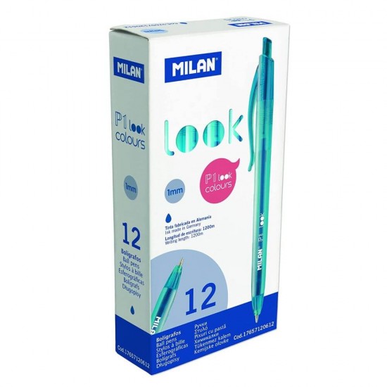 Pix MILAN Look, Mina Albastra, 12 Buc/Set, Varf 1 mm, Corp din Plastic de Culoare Albastra, Pixuri Milan, Pix Albastru, Pix cu Pasta Albastra, Pix Scolar, Pix pentru Scolari, Rechizite Scolare, Pix Office, Set Pixuri, Set de Pixuri Albastre