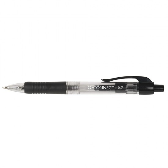 Set 10 Pixuri cu Mecanism si Scriere de 0.7 mm, Corp Transparent cu Grip+ Clip de Prindere, Culoare Neagra, Pix Q-CONNECT, Accesorii Birou,Instrumente de Scris