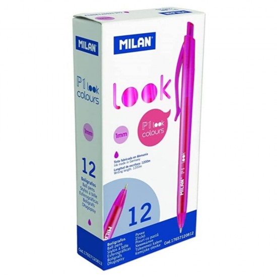 Pix MILAN Look, Mina Roz, 12 Buc/Set, Varf 1 mm, Corp din Plastic de Culoare Roz, Pixuri Milan, Pix Roz, Pix cu Pasta Roz, Pix Scolar, Pix pentru Scolari, Rechizite Scolare, Pix Office, Pixuri Office, Set Pixuri, Set de Pixuri Roz