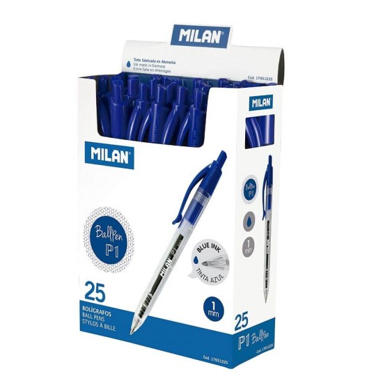 Pix MILAN, Mina Albastra, 25 Buc/Set, Grosime Varf 1 mm, Mecanism si Corp din Plastic Transparent, Pixuri Milan, Pix Albastru, Pix cu Pasta Albastra, Pix Scolar, Pix pentru Scolari, Rechizite Scolare, Pix Office, Set Pixuri, Set de Pixuri Albastre