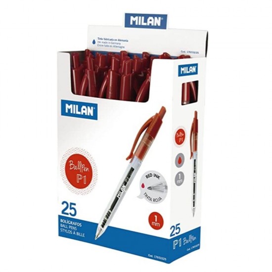 Pix MILAN, Mina Rosie, 25 Buc/Set, Grosime Varf 1 mm, Mecanism si Corp din Plastic Transparent, Pixuri Milan, Pix Rosu, Pix cu Pasta Rosie, Pix Scolar, Pix pentru Scolari, Rechizite Scolare, Pix Office, Set Pixuri, Set de Pixuri Rosii
