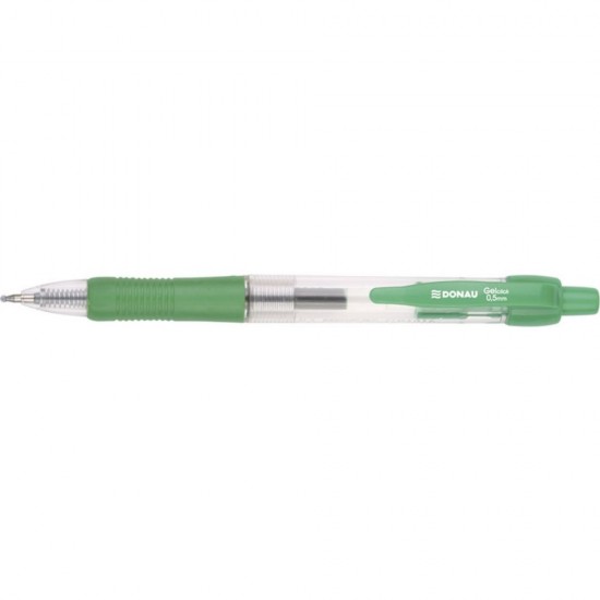 Set 12 Pixuri cu Gel si Mecanism Retractibil + Clips de Prindere, Varf de 0.5 mm, Corp Transparent cu Grip, Culoare Verde, Pix DONAU, Accesorii Birou, Instrumente de Scris, Accesorii Scoala